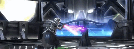 a man is holding a purple lightsaber in a video game .
