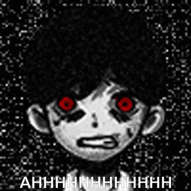 a black and white drawing of a person with red eyes and the words ahhh on the bottom .