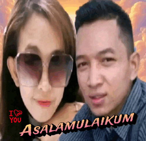a man and a woman are standing next to each other with the words assalamualaikum on the bottom right
