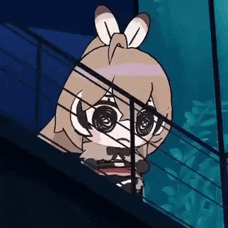 a cartoon character is sitting on a set of stairs looking out a window .
