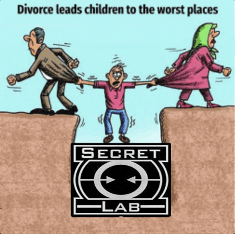 a cartoon about divorce leads children to the worst places with the secret lab logo in the corner