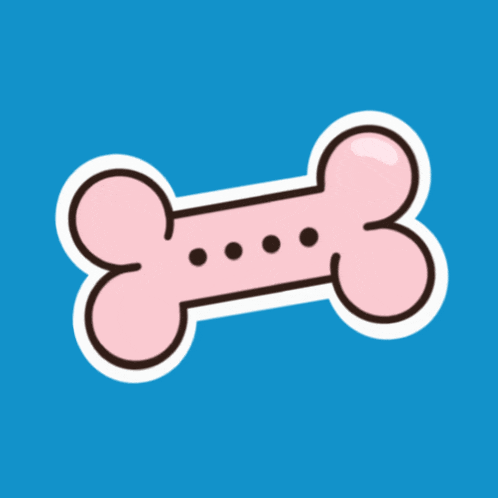 a pink dog bone with three black dots on it on a blue background