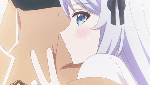 a girl with white hair and blue eyes is giving the peace sign