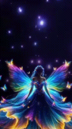 a painting of a fairy with colorful wings and butterflies