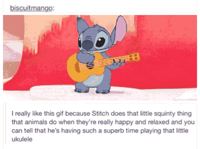 a gif of stitch playing an ukulele with a caption that says biscuitmango