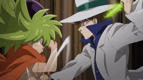 a man in a white hat holds a green sword while fighting another man