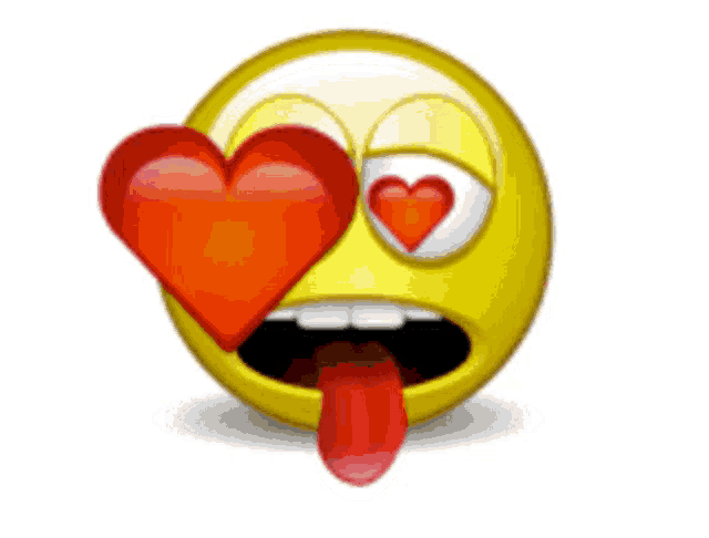 a yellow smiley face with a red heart in its eyes
