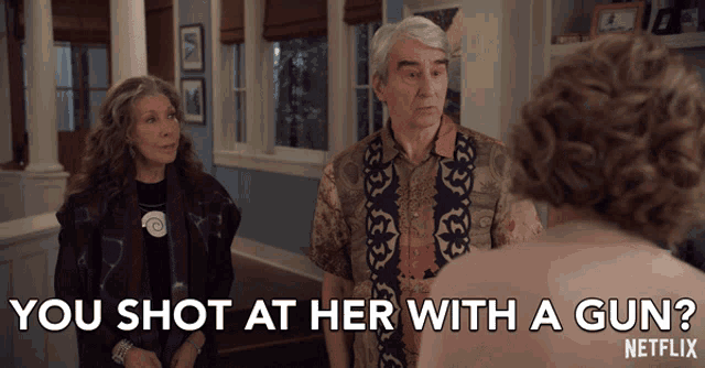 a netflix advertisement shows a man and woman talking to a woman who says " you shot at her with a gun "