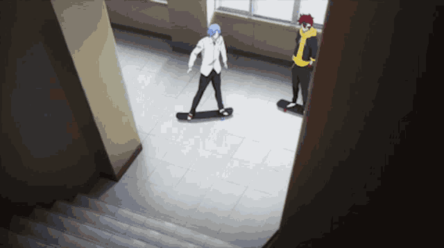 a person riding a skateboard in a hallway with stairs