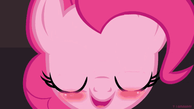 pinkie pie from my little pony is smiling with her eyes closed and a red t on the bottom