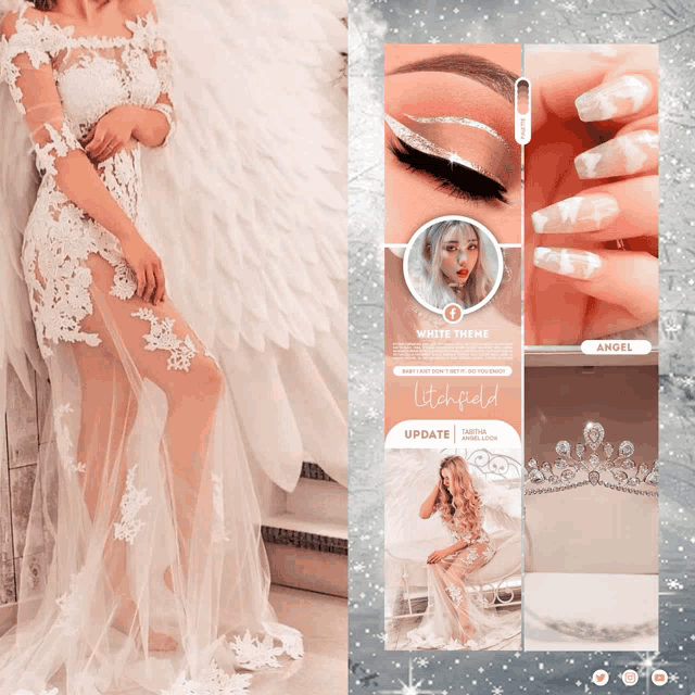 a woman in a white dress with angel wings is featured on a poster
