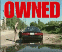 a man is standing next to a car with the word owned above him