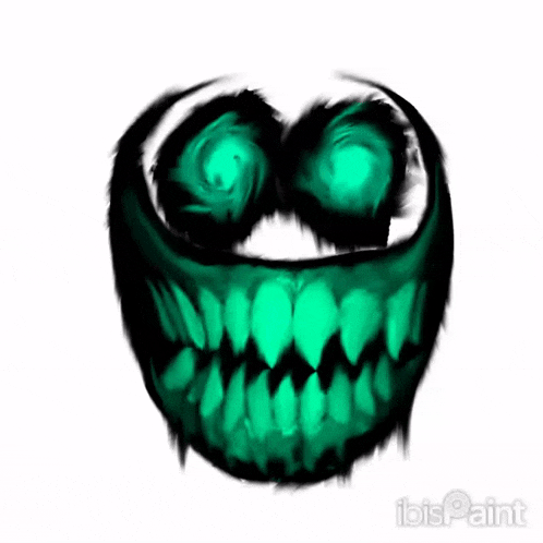 a drawing of a monster with glowing green eyes and teeth