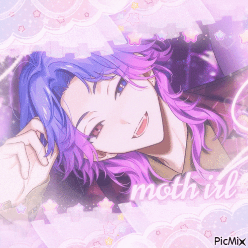 a picture of a girl with purple hair and the word moth it