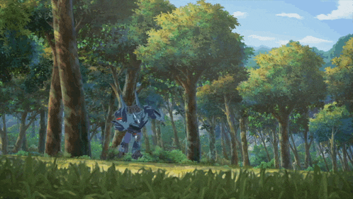 a robot in a forest with the letter l on the front