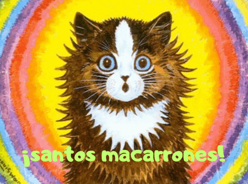 a painting of a cat with the words santos macarrones written below it
