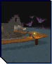 a computer generated image of a dock with a candle and butterflies flying in the background .