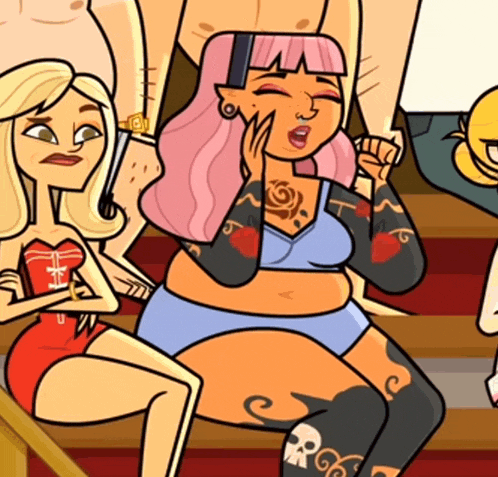 a cartoon of a woman with tattoos on her legs