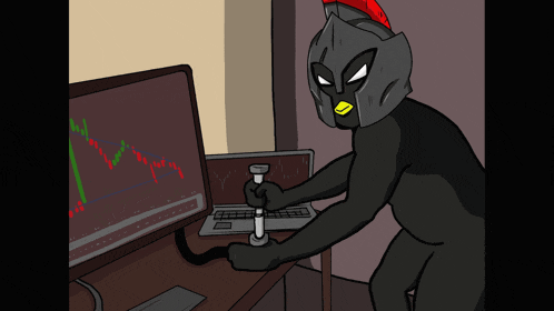 a cartoon of a knight holding a hammer in front of a computer monitor