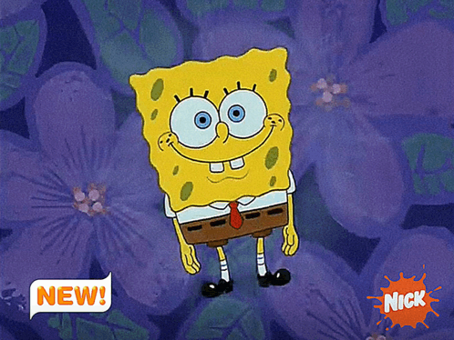 a picture of spongebob from nickelodeon with purple flowers on the background