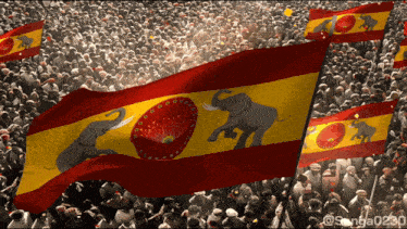 a large crowd of people are gathered around a flag with elephants on it