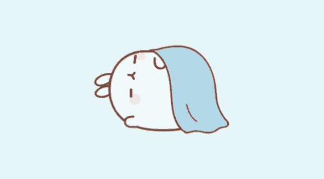 a cartoon drawing of a blue blanket with a bird 's head sticking out of it