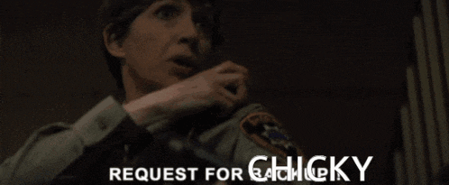 a woman in a sheriff 's uniform is talking on a cell phone with the words request for chucky below her