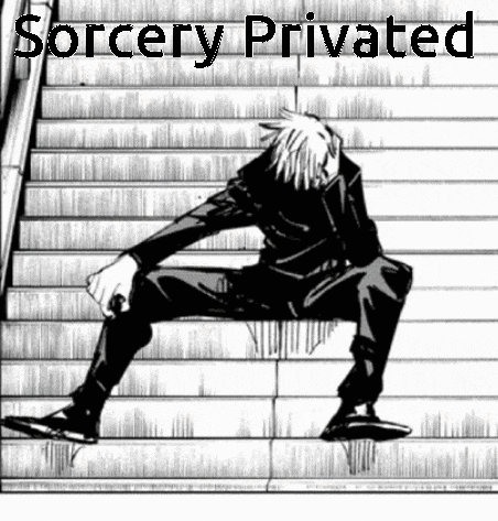 a black and white drawing of a man sitting on a set of stairs with the words sorcery privated written above him .