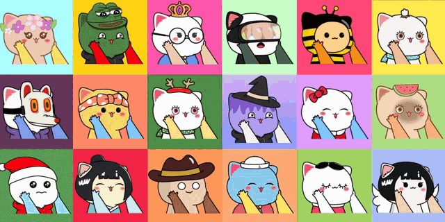 a collage of cartoon cats with one wearing a hat