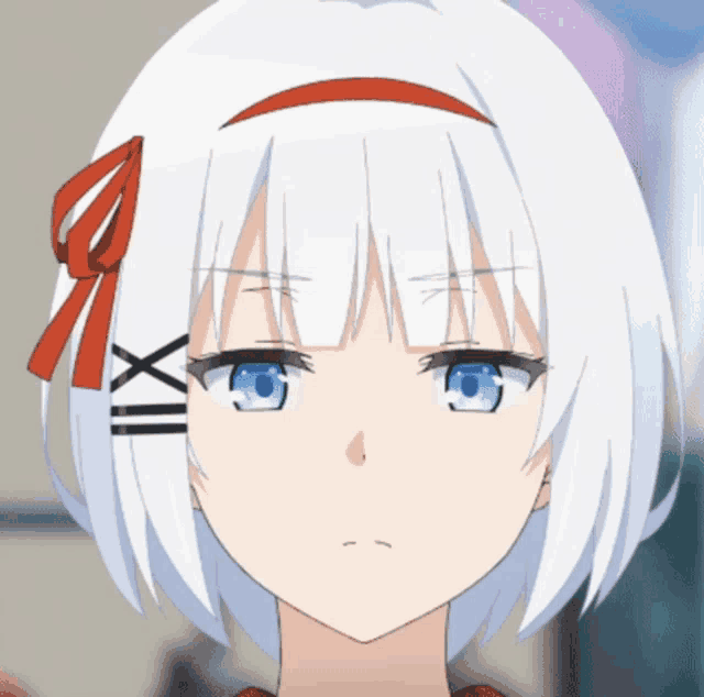 a girl with white hair and blue eyes has a red bow on her head