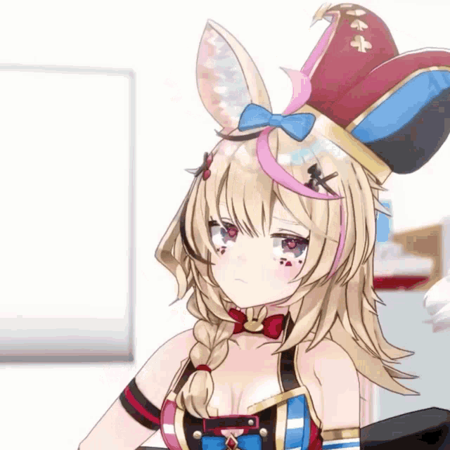 a girl with blonde hair and red eyes is wearing a bunny hat