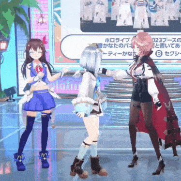 three anime girls are standing next to each other in a room .