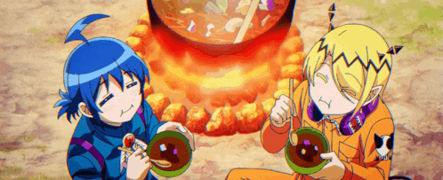 two anime characters are eating soup from bowls while sitting in front of a pot of soup .