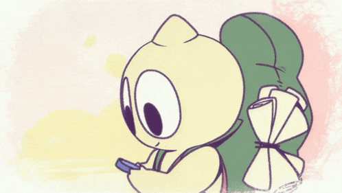 a cartoon drawing of a person with a green bow on their back