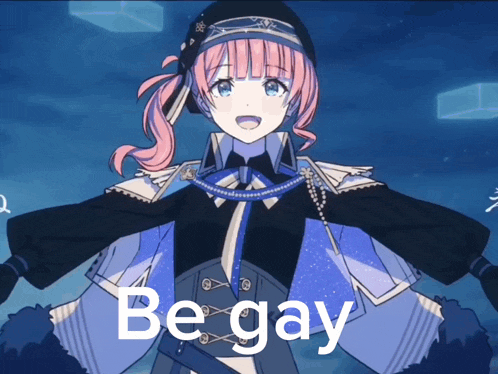 a picture of a girl with pink hair and the words be gay below her