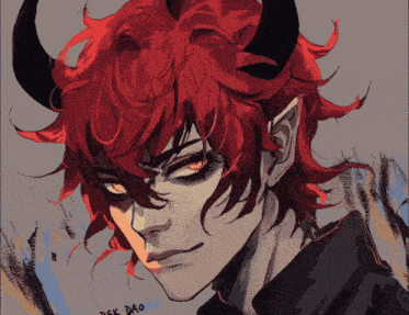 a drawing of a demon with red hair and horns is titled ask dao