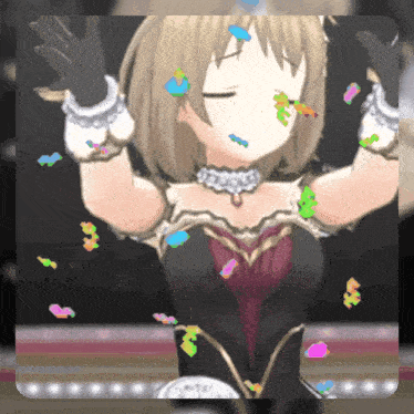 a girl with her eyes closed is surrounded by confetti and candy