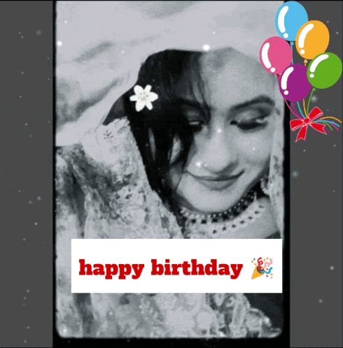 a picture of a woman with balloons and the words happy birthday on the bottom