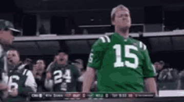 a man wearing a green jersey with the number 15 on it is standing in front of a crowd .