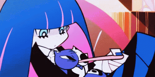 a cartoon girl with blue hair is holding a cat