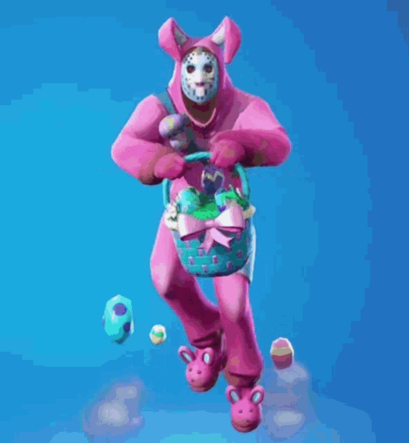 a pink bunny is holding a basket of easter eggs .