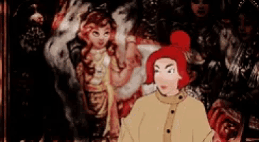 a woman with red hair is standing in front of a painting of two girls