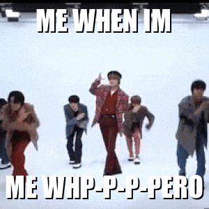 a group of people are dancing on a snowy surface with the words `` me when im me whip-p-p-pero ''