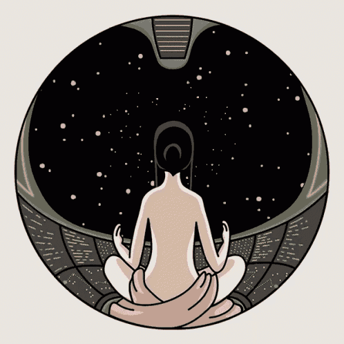 an illustration of a naked woman sitting in a lotus position in front of a starry sky