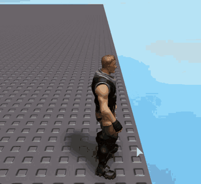 a man in a video game is walking on a tile floor