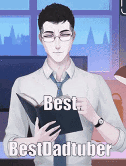 a man wearing glasses and a tie is holding a book that says bestdadtuber on it
