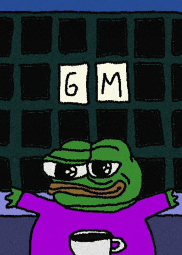 a cartoon frog is holding a cup of coffee in front of a building that says gm on it