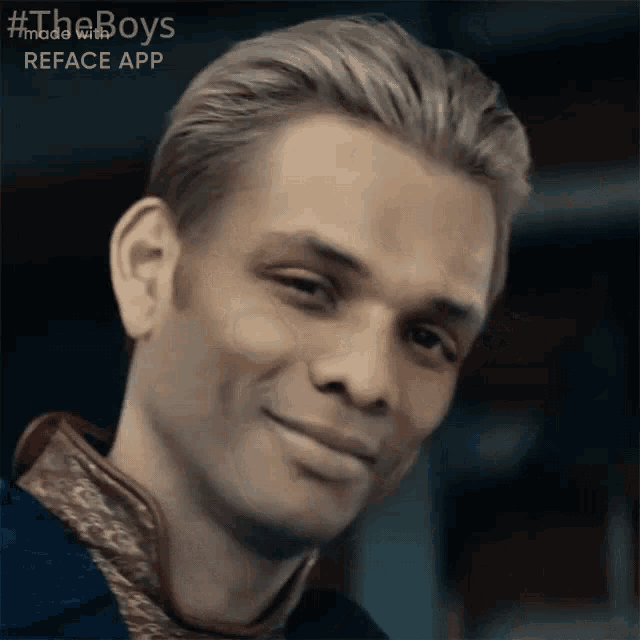 a close up of a man 's face with the words #theboys reface app visible