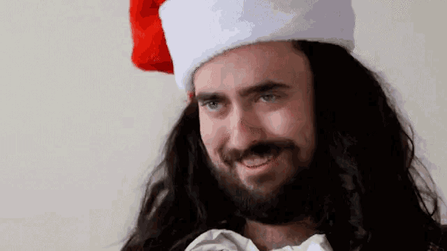 a man with long hair and beard wearing a santa hat
