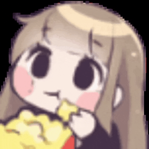 a pixel art of a girl eating a slice of pizza .